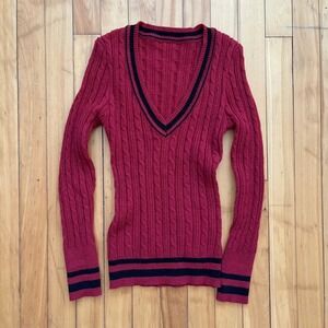 SHEIN Burgundy Red Cable Knit V-Neck Varsity Sweater Navy Blue Striped Small